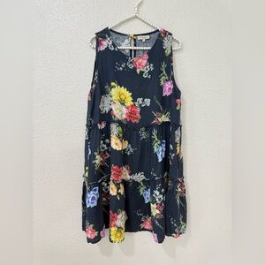 Le Ragazze Linen Dress Women’s L Navy Floral Tiered Flowy Artsy Made In Italy